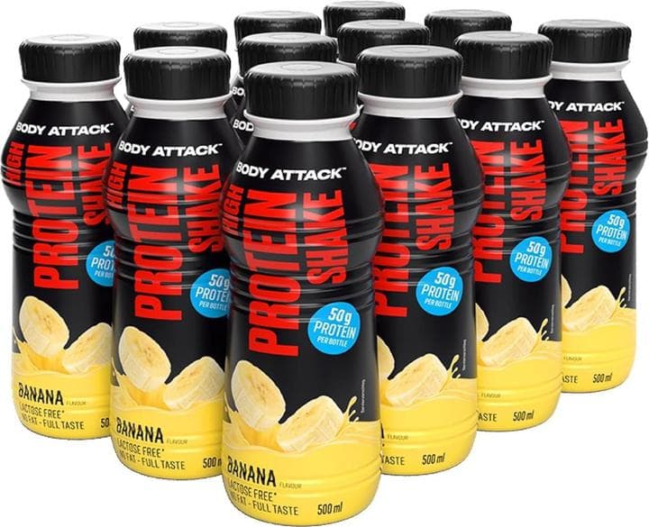 Body Attack - Proteinshake med högt proteininnehåll - Banan, 12 × 500 ml – Body Attack förpackning