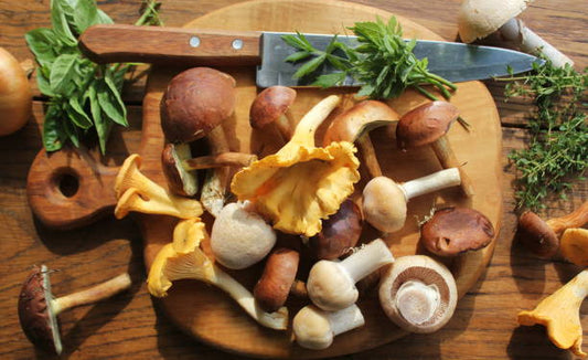 Assorted medicinal mushrooms on a wooden board with fresh herbs and a knife.
