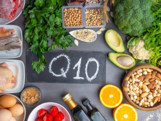 Färska livsmedel rika på koenzym Q10, inklusive grönsaker, nötter och citrusfrukter.