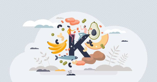Illustration of the letter K surrounded by healthy foods like avocado, banana, and fish, symbolizing potassium sources.