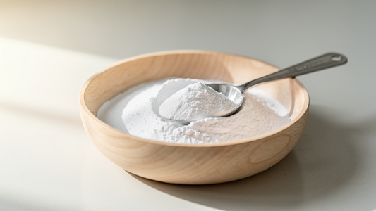 Vitt natriumbikarbonat i en träskål med en mätsked på en ljus köksbänk
