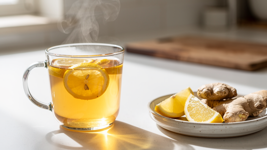 Varm ört-te med ingefära och citron på en köksbänk, lugn miljö