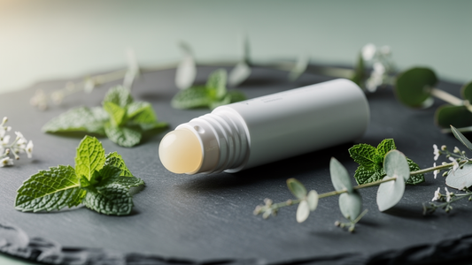 Mentolbaserad roll-on-stick omgiven av färska myntablad och eukalyptus