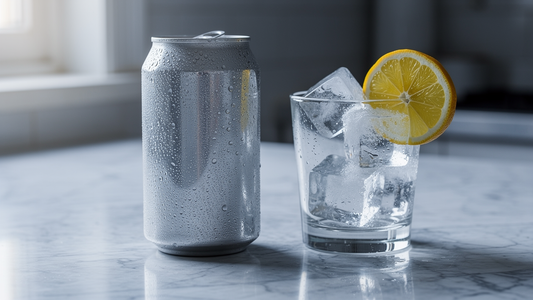 Kyld kolsyrad energidryck på köksbänk med isglas och citrus