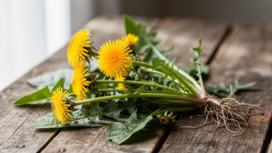 Maskros med gula blommor och gröna blad på ett rustikt träbord