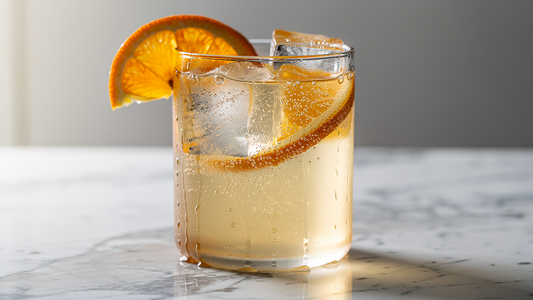 Kall kolsyrad citrus-energidryck med apelsinskivor och is