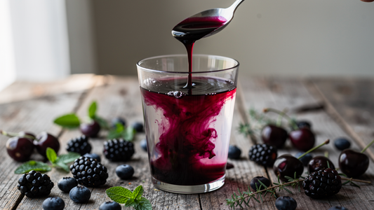 Mörk blutsaft hälls från en sked ner i ett glas vatten, omgivet av färska bär och örter