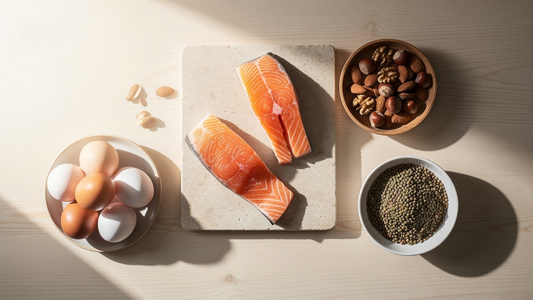 Proteinrika livsmedel som ägg, fisk, nötter och baljväxter, naturliga källor till fenylalanin
