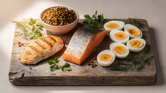 Olika proteinrika livsmedel på en träskiva: kyckling, lax, ägg och linser