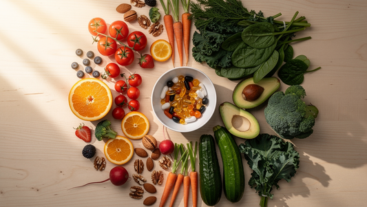 Färgglada frukter, grönsaker och nötter runt en skål med vitaminkapslar