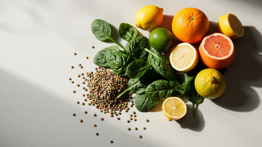 Spenat, linser och citrusfrukter på en ljus köksbänk – naturliga källor till folat
