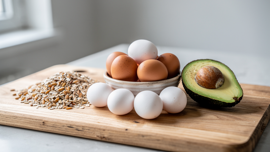 Naturliga källor till vitamin B5 som ägg, fullkorn och avokado på en träskiva