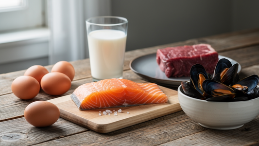 B12-rika livsmedel som lax, ägg, kött, musslor och mjölk på ett träbord