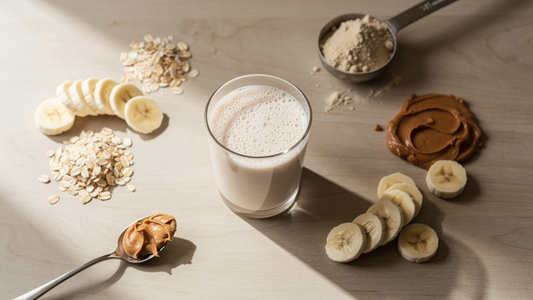 Proteinshake i glas omgiven av havre, banan och jordnotssmor pa ett ljust trabord