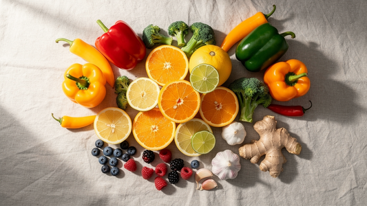 Färgglada immunstärkande livsmedel som citrusfrukter, paprika, broccoli och bär upplagda ovanifrån