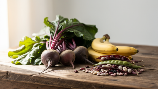 Färska grönsaker, rödbetor, bananer och bönor på ett rustikt bord