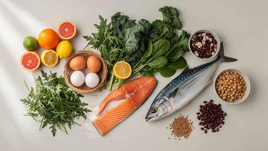 Varierad kost med näringsrika livsmedel som gröna bladgrönsaker, citrus, ägg, fisk och baljväxter