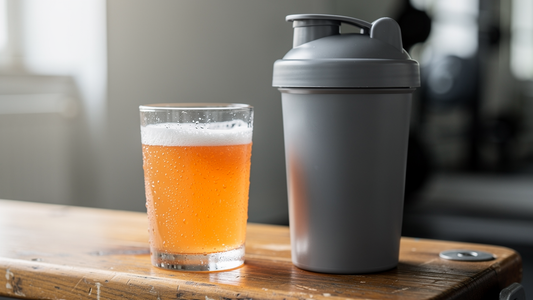 Ett glas koffeinfri pre-workout bredvid en shaker på en träningsbänk