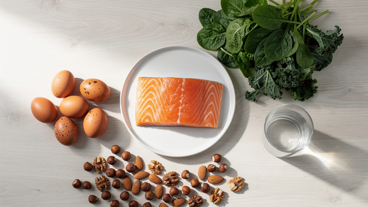 Färska näringsrika livsmedel som ägg, fisk, gröna blad och nötter på ett ljust träbord