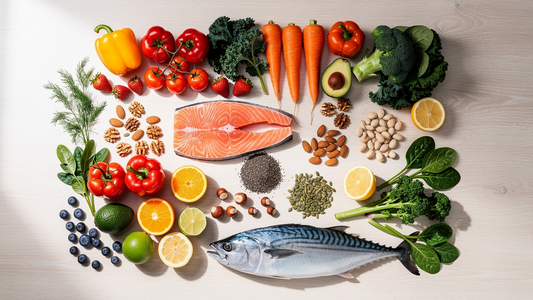 Färgglada grönsaker, frukt, nötter och fisk som naturliga källor till vitaminer och mineraler