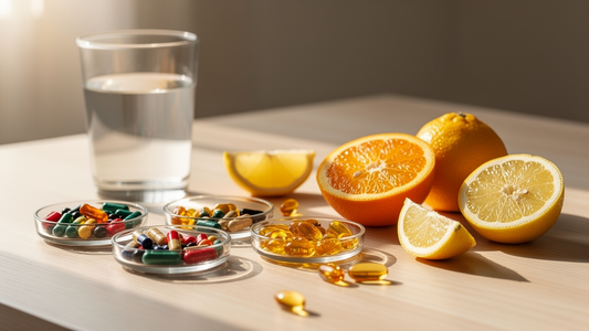 Vitamintillskott i glasskålar bredvid ett glas vatten och färsk citrus i morgonljus