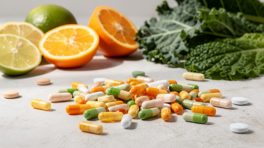 Vitamintillskott i form av kapslar och tabletter bredvid färsk frukt och grönsaker