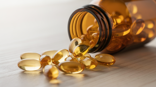 K2-vitamin kapslar som rinner ur en bärnstensfärgad glasburk på en träyta