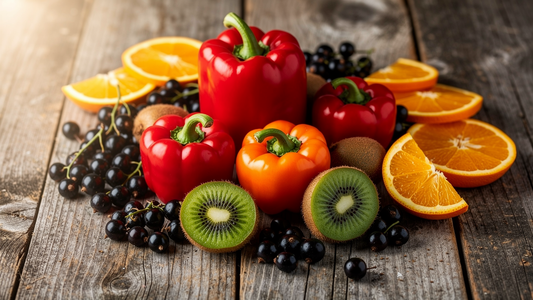 Färgglatt urval av C-vitaminrika livsmedel: röd paprika, svarta vinbär, kiwi och apelsin
