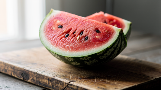 Halverad mogen vattenmelon med saftigt rött fruktkött på en träskiva