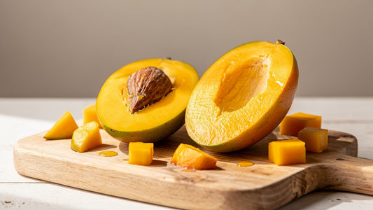 Mogen mango halverad på en träskärbräda med gyllene fruktkött