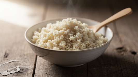 Skål med kokt luftig quinoa på ett rustikt bord