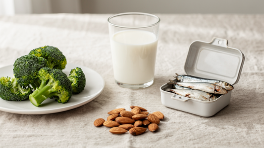 Kalciumrika livsmedel som mjölk, sardiner, broccoli och mandel på ljust linne