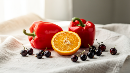 Färska röda paprikor, apelsinklyftor och svarta vinbär på linnetyg som naturliga C-vitaminkällor