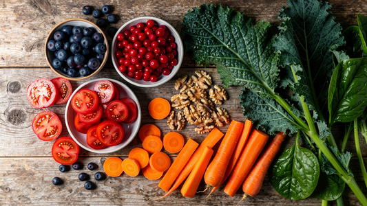 Färgrikt urval av antioxidantrika livsmedel: bär, grönsaker och nötter på träyta
