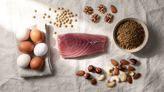 Histidinrika livsmedel som tonfisk, ägg, linser, sojabönor och nötter på ljust linne