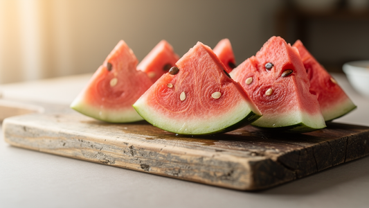 Mogna vattenmelonskivor pa traskarbat, den frammsta naturliga kallan till citrullin