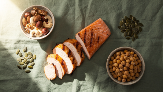 Proteinrika livsmedel som naturligt innehaller L-arginin, bland annat kyckling, fisk, notter och baljvaxter