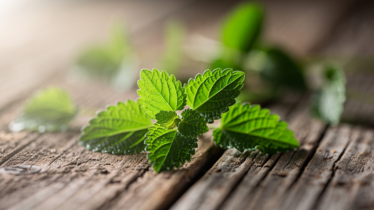 Färska gröna blad av Gymnema Sylvestre på ett rustikt träbord