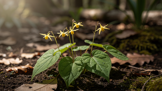 Epimedium-växt med hjärtformade blad och små gula blommor i en skuggig trädgård