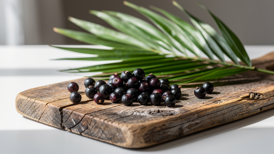 Mogna sågpalmetto-bär på en rustik träskiva