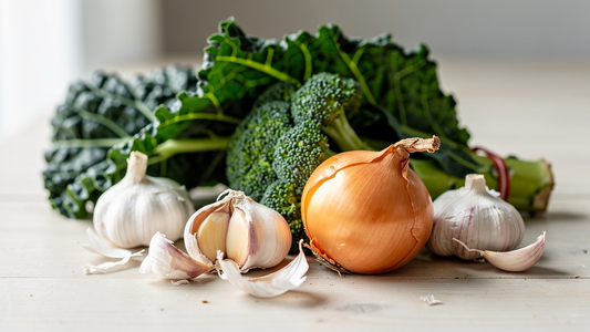 Svavelrika grönsaker som vitlök, lök och broccoli på ljust träbord