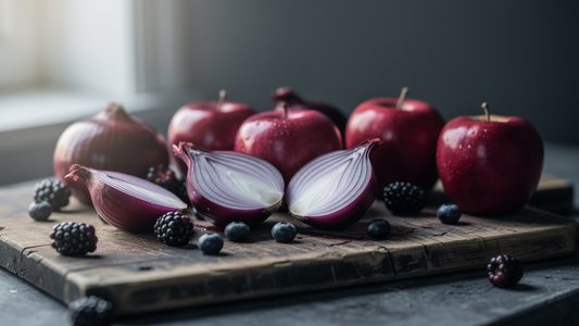 Rödlök, äpplen och mörka bär på en träskärbräda – naturliga källor till quercetin