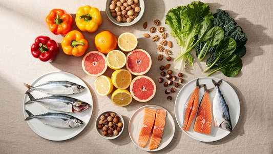 Vitaminrika livsmedel som citrusfrukter, paprika, bladgrönt, nötter och fet fisk upplagda på ett bord