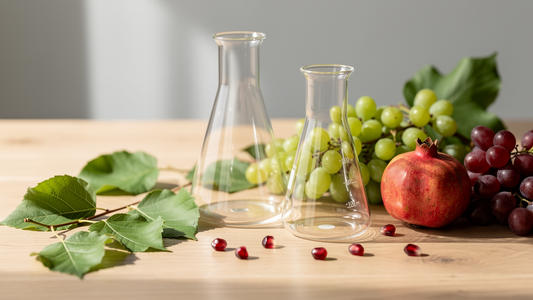 Laboratorieglas med druvor och gröna blad som symboliserar forskning kring anti-aging kosttillskott