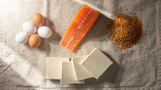 Naturliga proteinkällor med aminosyror: lax, ägg, linser och tofu på linneduk