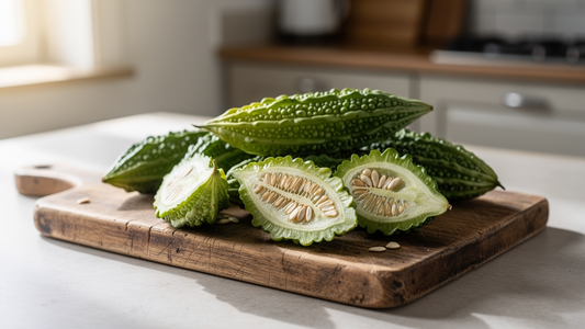 Hel och halverad bittermelon på en skärbräda av trä