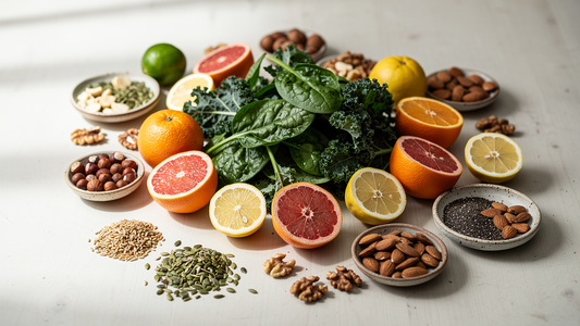 Färska näringsrika livsmedel med vitaminer och mineraler på träyta