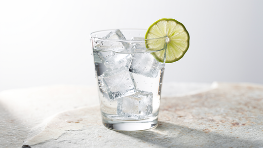 Ett glas kolsyrat vatten med is och lime på en ljus stenyta