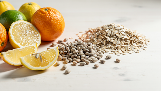 Citrusfrukter, bönor och havre på en ljus träyta, naturliga källor till inositol