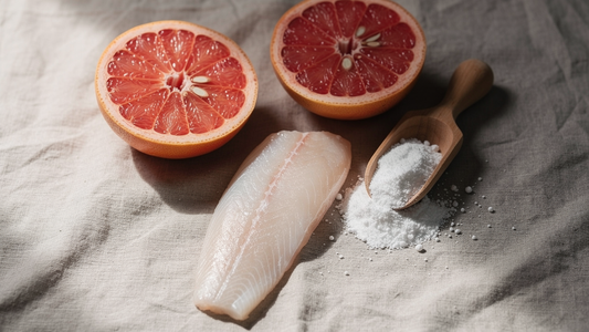 Grapefrukt, fisk och vitt tillskottspulver på linnebakgrund som illustrerar naturliga källor till HMB